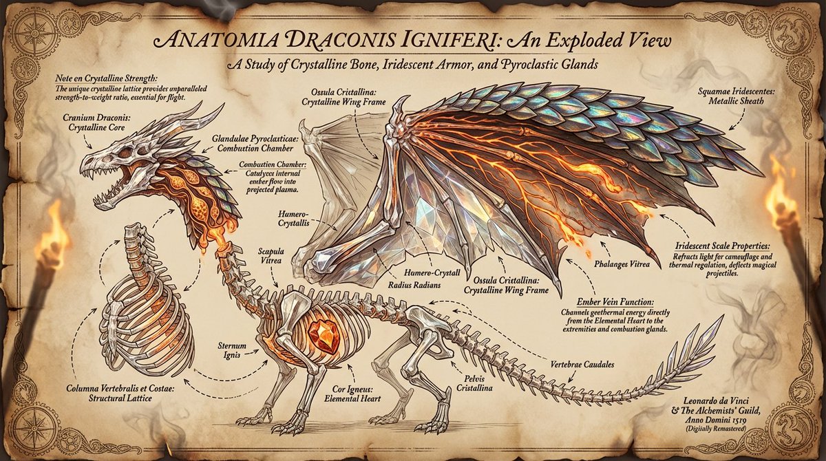 an exploded-view illustration of a dragon's anatomy